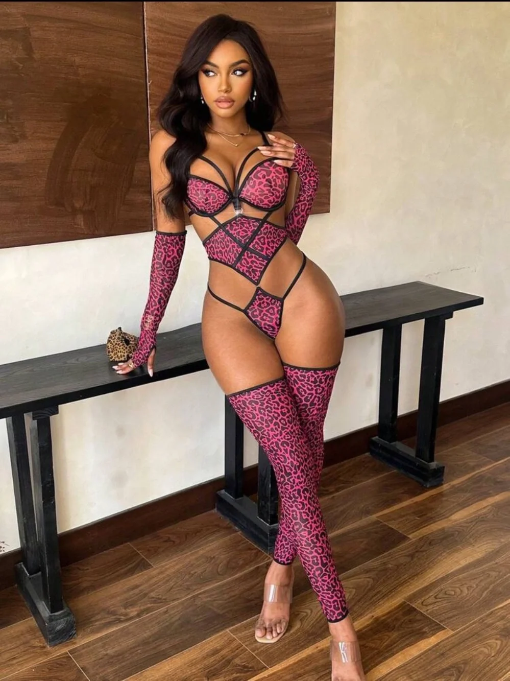 Women’s 5 PC Pink Leopard Strappy Lingerie Set